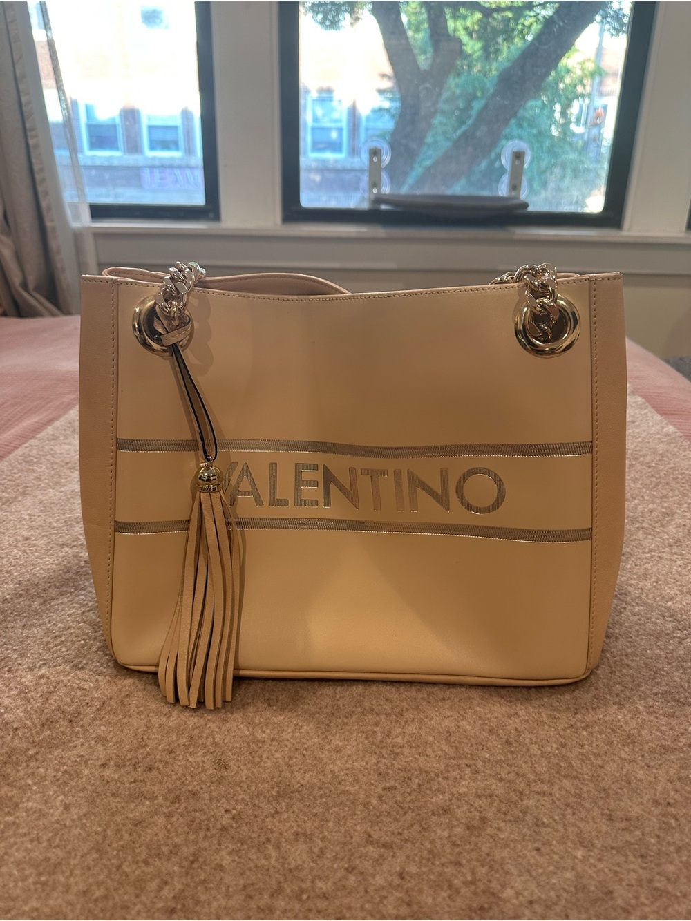 Valentino by Mario Beige Leather Tote Bag with Tassel